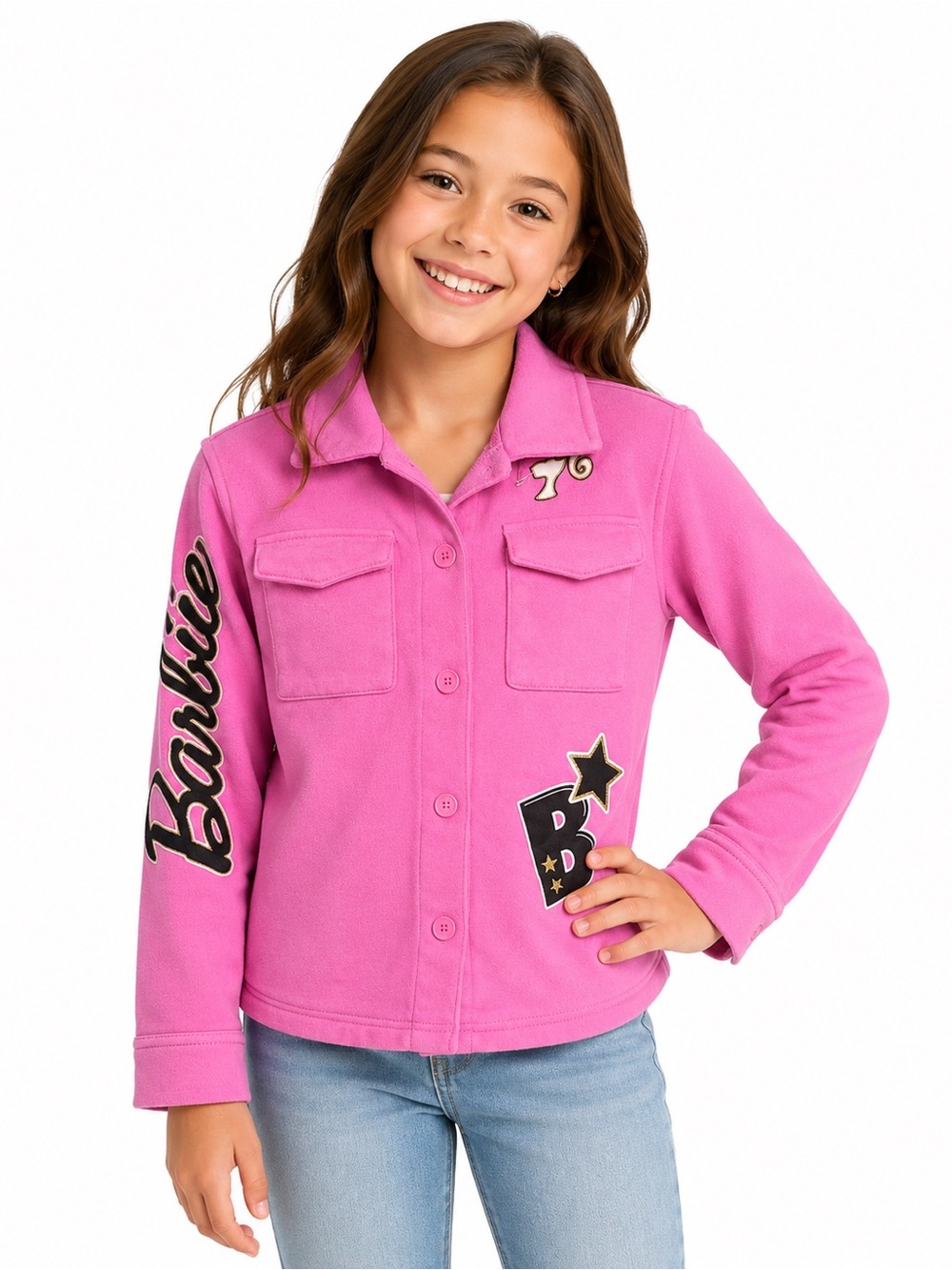 Barbie Youth Small Hot Pink Button-Front Jacket with Graphic‎ Patches